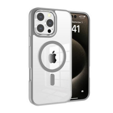 iPhone 16 Pro Compatible Case Cover With Transparent Magnetic Metal Camera Lens And Compatible With Magsafe Technology - Grey